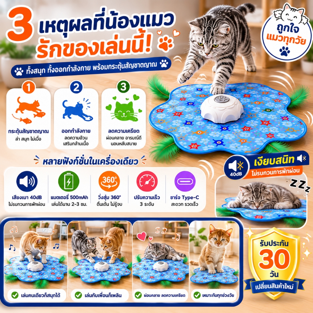 😻 แมวหยุดเล่นไม่ได้! ของเล่นแมวอัจฉริยะ วิ่งสุ่ม 360° โหมดเงียบ ชาร์จ USB Type-C ลดความเครียด เผาผลาญพลังงาน - ภาพที่ 4