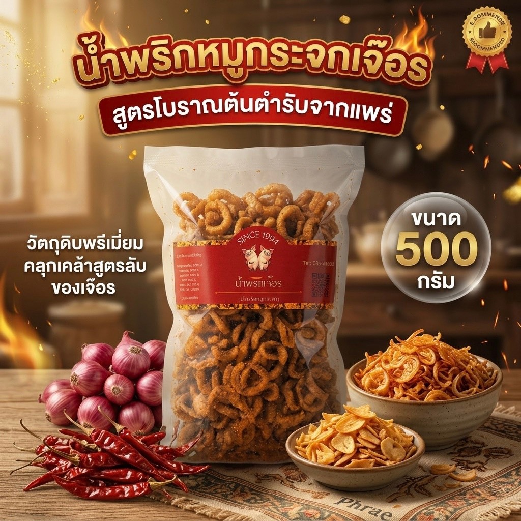 รูปสินค้า น้ำพริกหมูกรอบเจ๊อร สูตรต้นตำรับแพร่ หมูกรอบแน่น โฮมเมด ทอดใหม่ทุกวัน (500 กรัม)