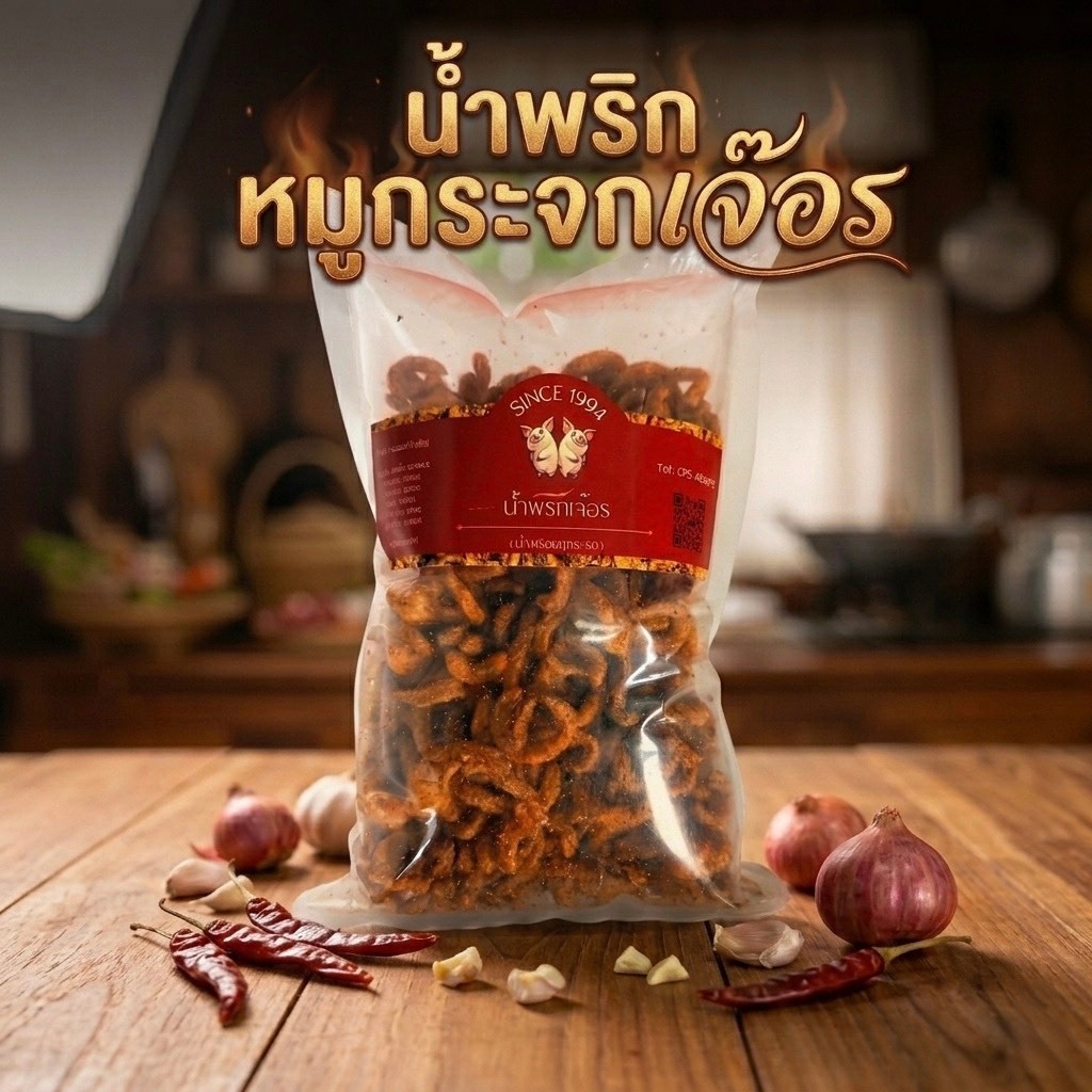 รูปสินค้า น้ำพริกหมูกรอบเจ๊อร สูตรต้นตำรับแพร่ หมูกรอบแน่น โฮมเมด ทอดใหม่ทุกวัน (500 กรัม)