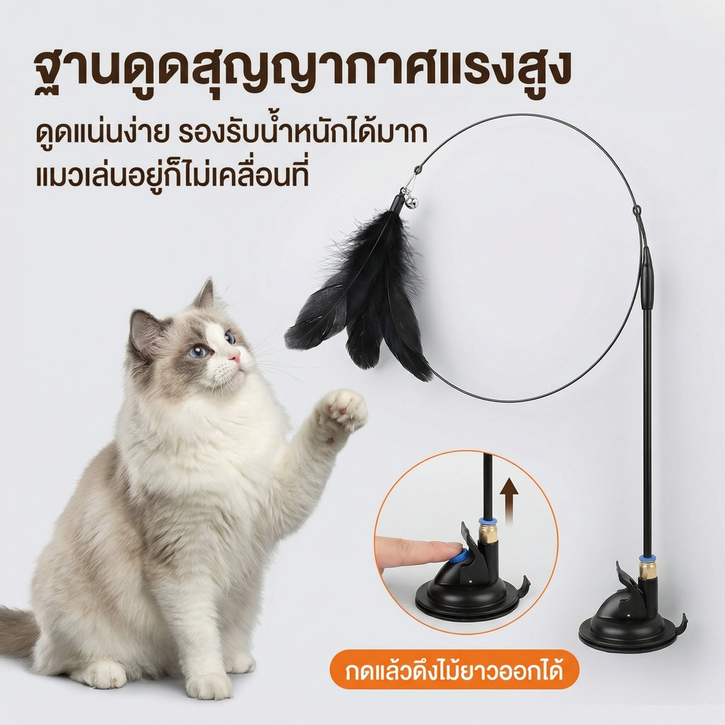 PETLUSCI® ไม้ล้อเล่นแมว 80ซม ของเล่นแมวแบบโต้ตอบ ของเล่นแมวมีขนนกและกระดิ่ง ไม้ตกแมว ไม่หักง่าย - ภาพที่ 3