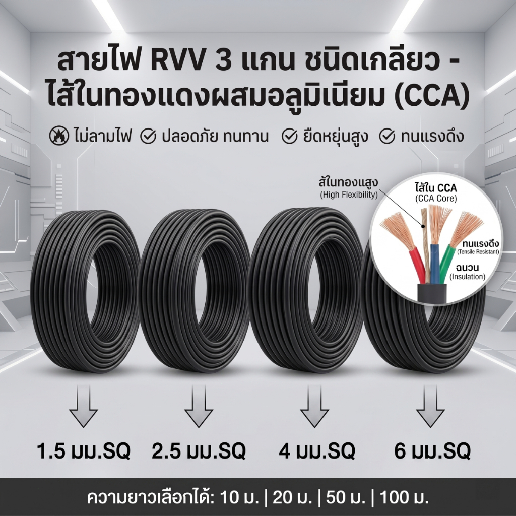 สายไฟฟ้าอ่อน RVV ทนความเย็น 3 แกน ขนาด 1.5-6 มม.