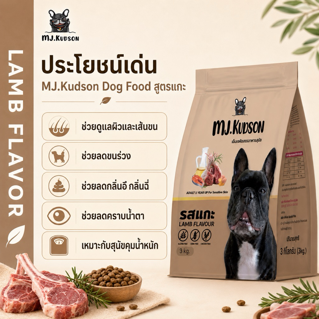 พร้อมส่ง MJ.Kudson อาหารสุนัขพรีเมียมสูตรแกะ (ลดขนร่วง ลดคราบน้ำตา ลดกลิ่นมูลสัตว์) ทานได้ทุกสายพันธุ์