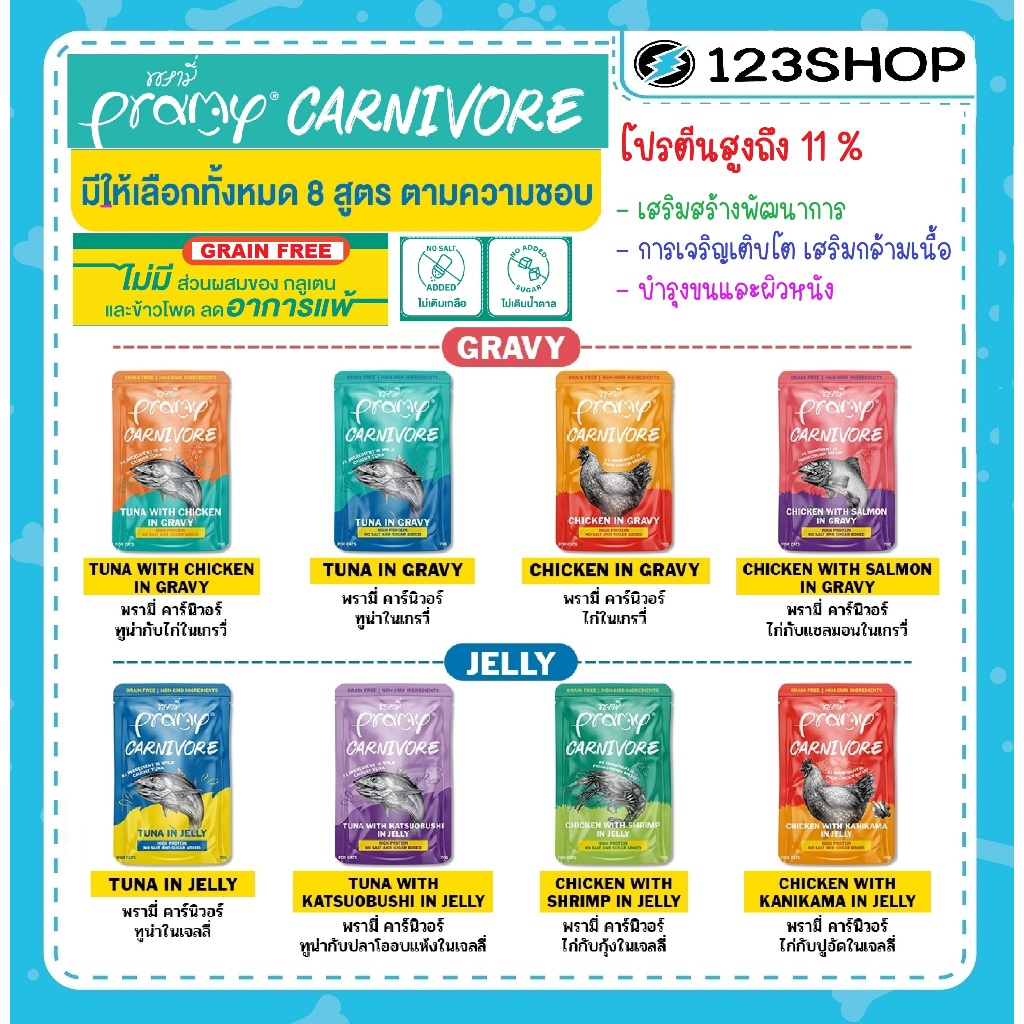 **ไลฟ์มีcode40%**(12ซอง)Pramy Carnivore พรามี่ คาร์นิวอร์ อาหารเปียกแมว เกรนฟรี ขนาด 70g.