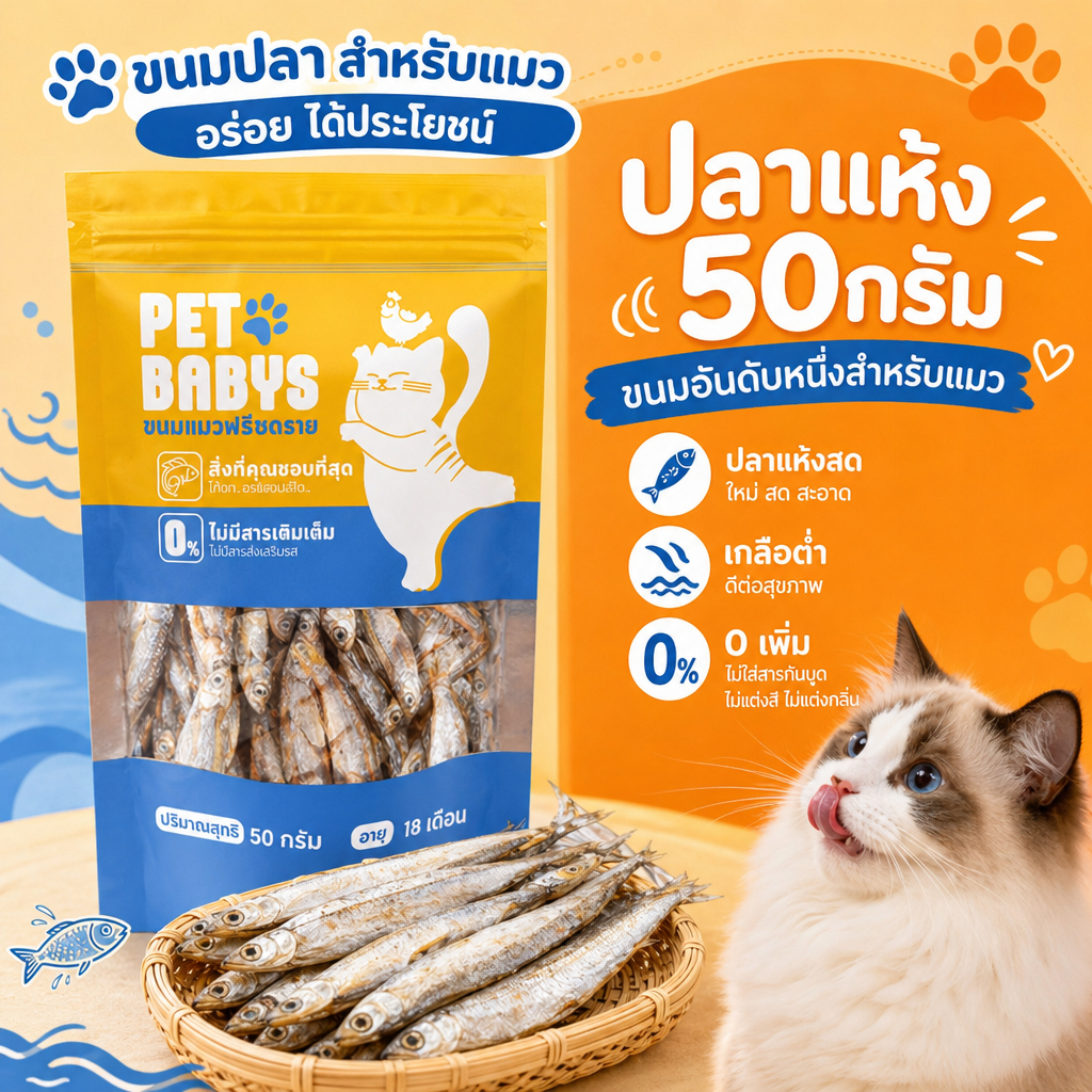 [พร้อมส่ง] ขนมแมว ปลาแห้ง โปรตีนสูง ไม่เค็ม ปลอดภัยต่อไต เกรดคนกินได้ สดใหม่ ไม่ใส่สารกันเสีย 50/100/150g - ภาพที่ 3