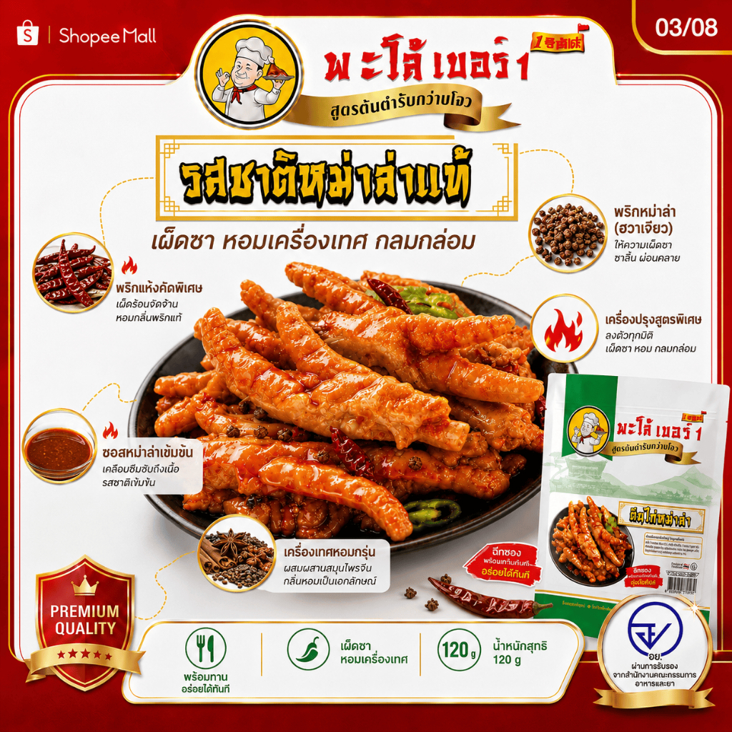 รูปสินค้า ตีนไก่หม่าล่าพะโล้ เผ็ดแซ่บ พร้อมทาน