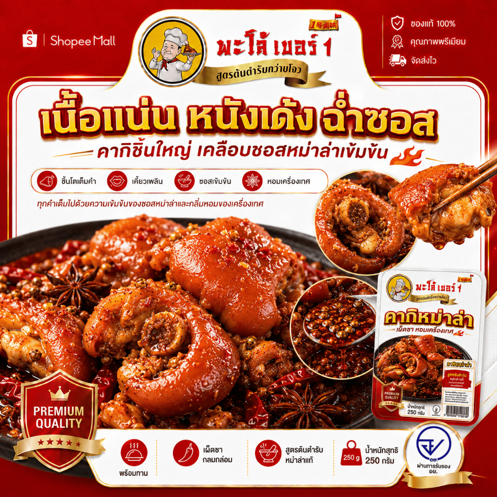รูปสินค้า หม่าล่าขาหมูพร้อมทาน เผ็ดชา หอมเครื่องเทศ 0% วัตถุกันเสีย
