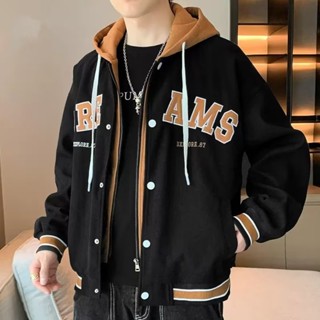 Casaco de Baseball Casual Falso Homens de Duas Peças 3 Cores M-2XL Bordado com Capuz Exterior Casual Esportivo