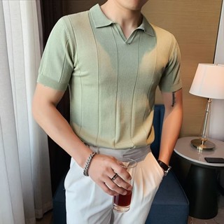 Coreano Temperamento Britânico Camisa pólo meia manga Camisa pólo de seda de alta qualidade Camiseta meia manga de seda fina Versão Lapela masculina da moda