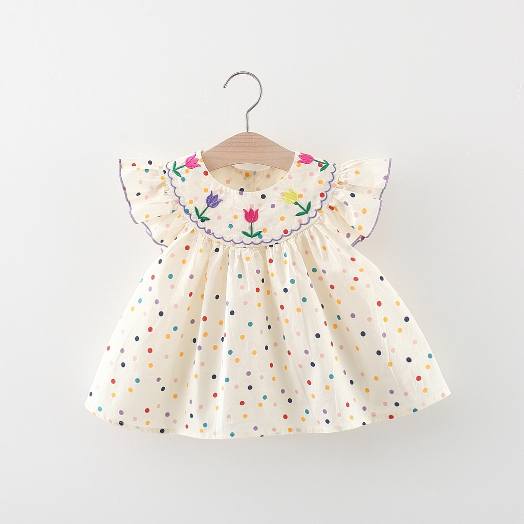 Vestido De Boneca De Verão 2025 Com Pontos Coloridos E Bordado De Flores (0-3 Anos)
