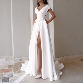2022 Envoltório Peito Estilo Babado Branco Estilo Longo Estilo Cor Sólida Novo Estilo Saia Longa Vestido Branco Estilo Ocidental Vestido de Trilha