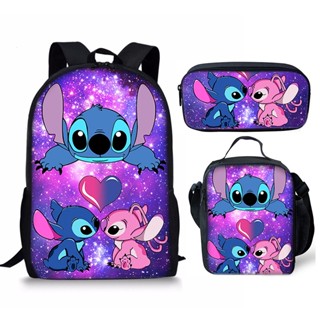 Stitch kit mochila escolar infantil 3D casual anime menino menina bolsa de estudante mensageiro Lancheira isolada estojo de lápis caixa de papelaria 3pcs preto