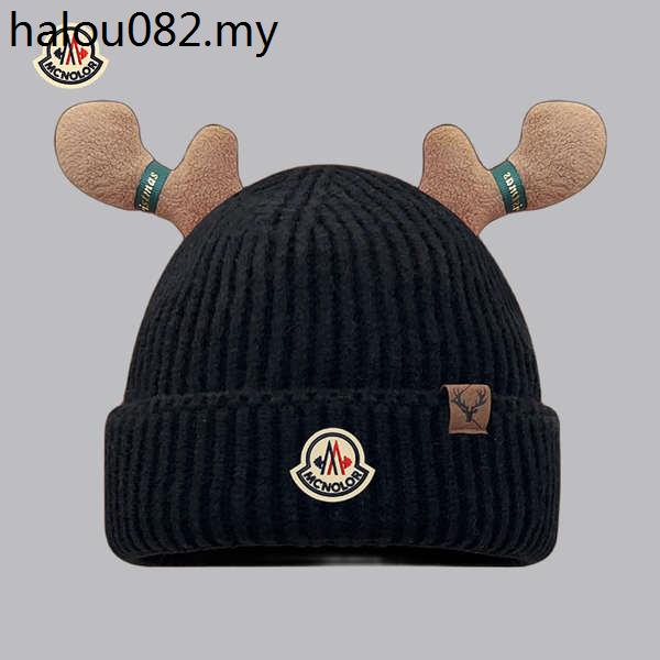 [Sitem Oficial Mengkou Beige Chifres de Natal Mengkou Beige Chapéu de Lã Chapéu de Inverno Feminino Chapéu de malha quente Pullover Cold Hat
