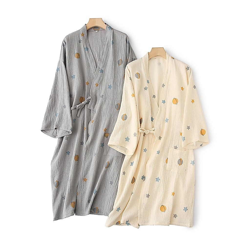 Quatro estações camisola feminina primavera outono puro algodão gaze quimono estilo fino masculino verão camisola casal 