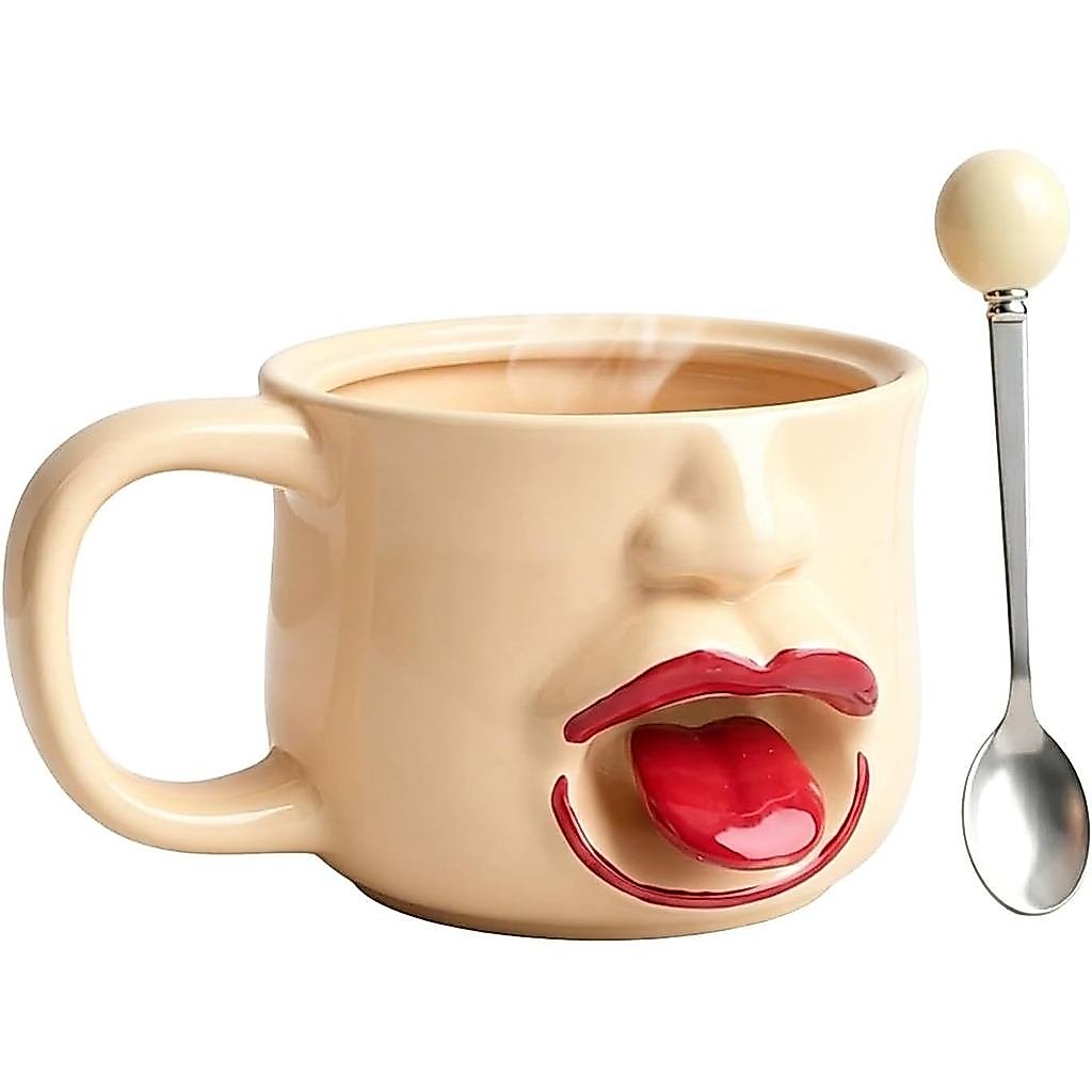 Caneca com Língua de Fora 255ml com Colher, Artigo de Decoração para Casa |   Caneca de Cerâmica Interativa com Língua E