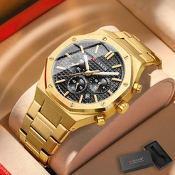 Original CURREN Relógios Masculinos Top Brand Gold Luxo Aço Inoxidável Moda Esportiva Multifuncional Ponteiro Luminoso Quartzo Impermeável Com Caixa 8440 S