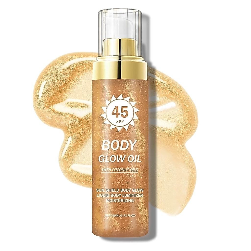 Óleo Protetor Solar de Coco Cintilante, proteção solar de amplo espectro FPS45, contém mica para um efeito de óleo corpo