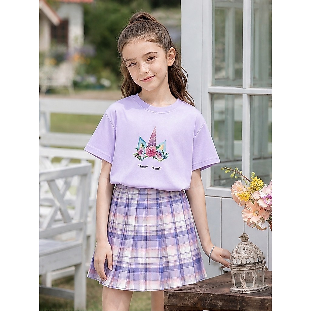 Conjunto De 2 Peças De Verão Para Meninas Desenho Animado Unicórnio Manga Curta Camiseta Saia Xadrez Terno